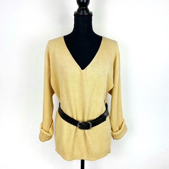 Oversized Large Silk Sweater Long Sleeve V-Neck Yellow - Picture 4 of 9